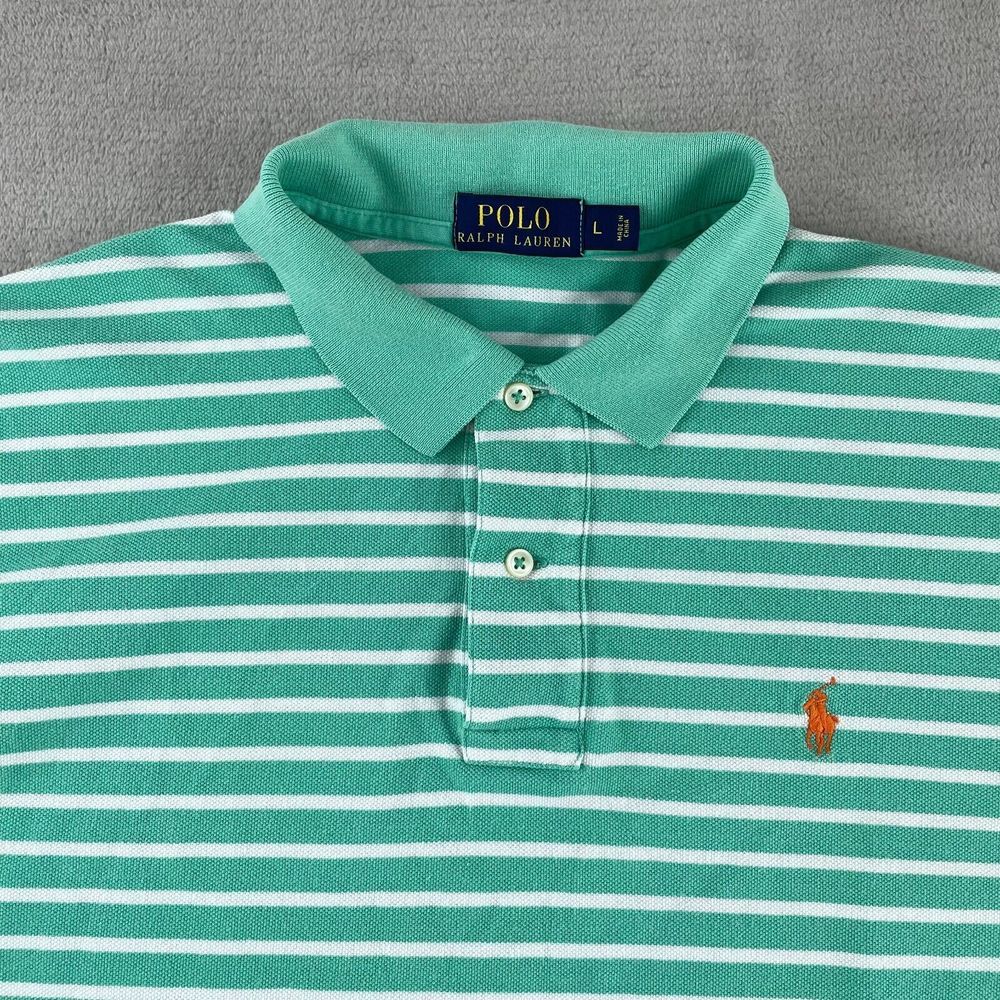 Polo Ralph Lauren Polo Shirt Men Large Aqua Green Striped Orange Pony SS Preppy